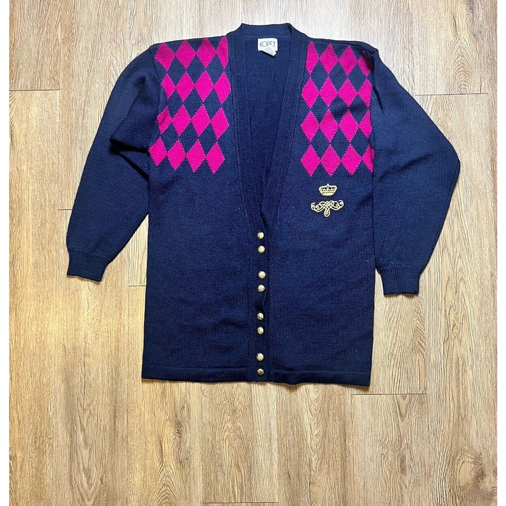 Vtg Koret Cardigan Women's Small Wool Argyle Gold Buttons Embroider Preppy